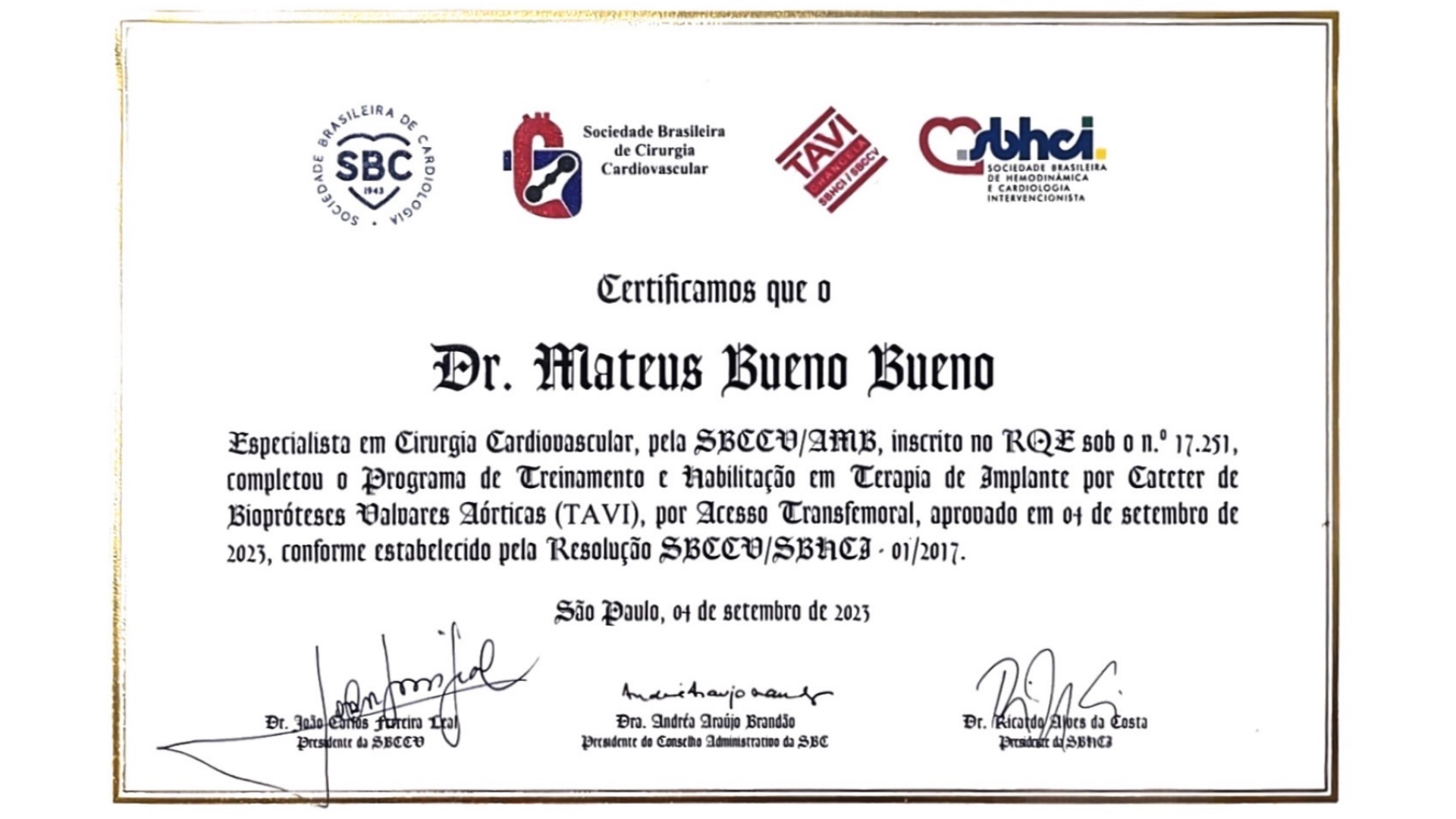 Certificado de Habilitação em TAVI — SBCCV/SBHCI, 2023