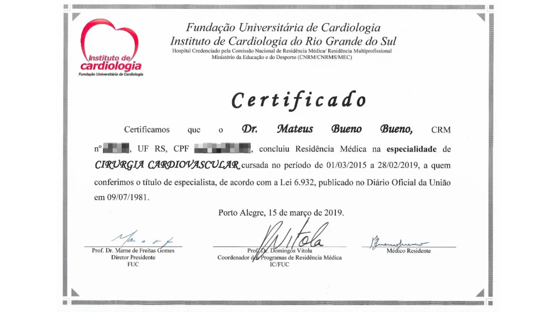 Certificado de Residência em Cirurgia Cardiovascular — IC-FUC, 2019