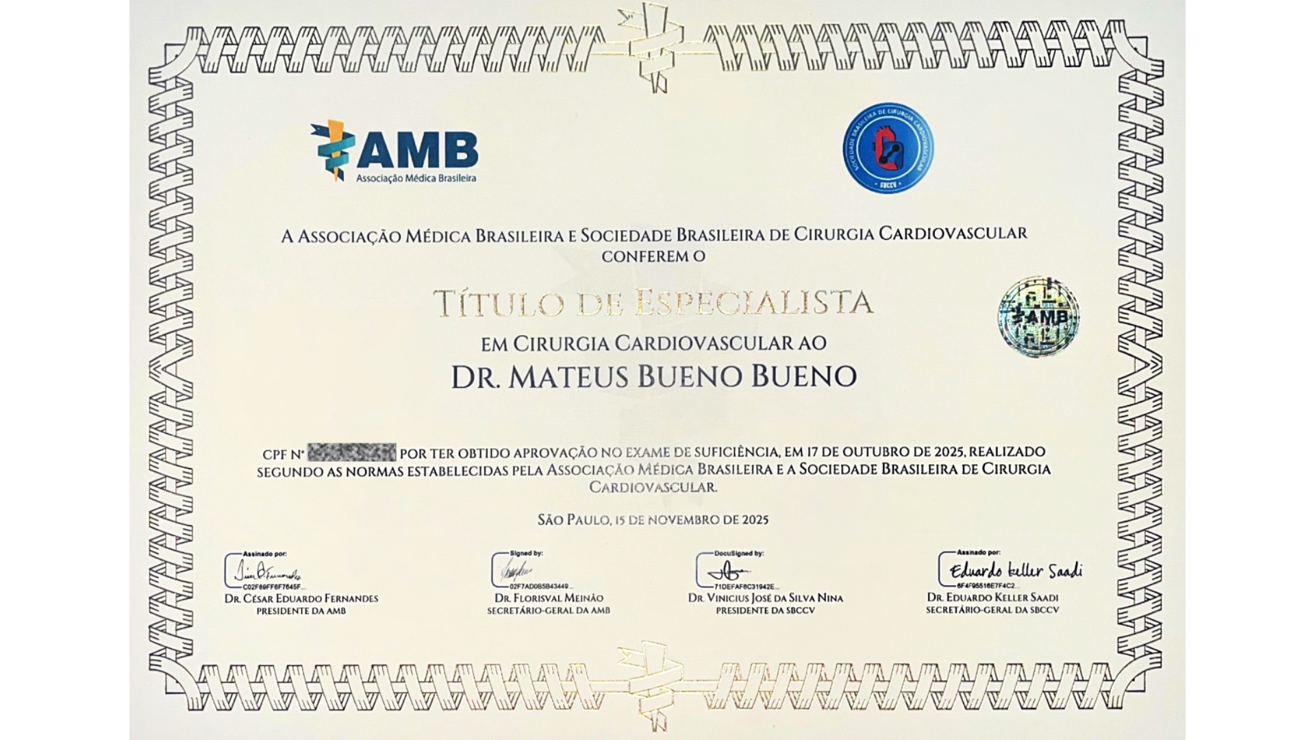 Título de Especialista em Cirurgia Cardiovascular — AMB/SBCCV, 2025